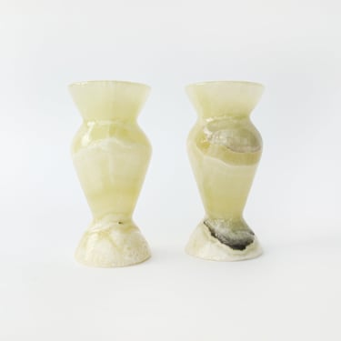 Set of 2 Yellow Amber Cream Onyx Tapered Candle Holders / Bud Vases 