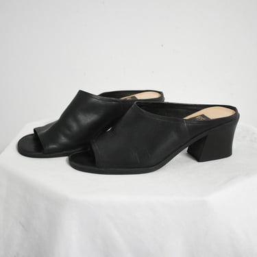 1990s Westies Black Leather Chunky Heeled Slides, Size 7 1/2 B 