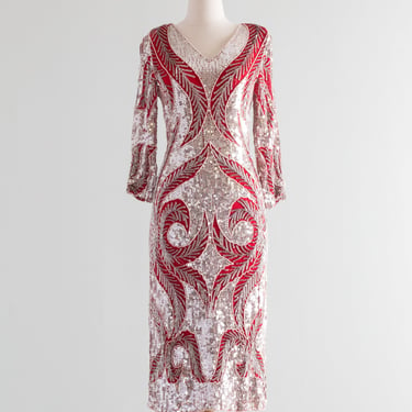 Vintage 1980's Red & Silver Sequin Flapper Dress / SM