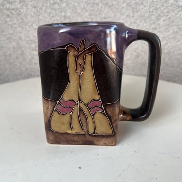 Vintage square pottery mug by Mara Southwestern theme. Size 4.5” x 3” 