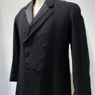 Vintage 1900's Morning Frock Coat - Black Wool Twill - Fully Lined - Notched Lapels - Double Breasted with Split Tails - Men's 40 Regular 