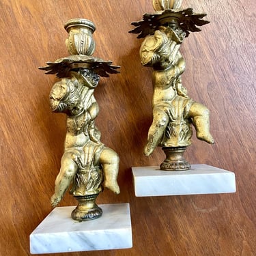 Vintage Pair of Metal + Stone Cherub Taper Candle Holders | Art Nouveau, Hollywood Regency 