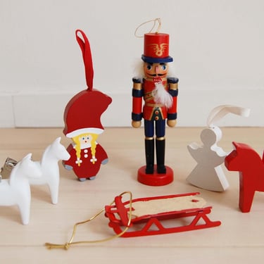 Vintage X'mas Tree Ornaments Tomte Girl, Nutcracker, Red Dala Horse, White Horse, Angel, Snow Sled 