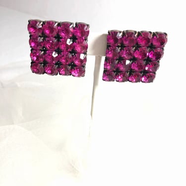 hot pink rhinestone clip earring, barbie core vintage jewel tone earrings 