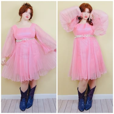 1970s Vintage Pink Accordion Pleat Fairy Dress / 70s Empire Waist Angel Ribbon Trim Party Dress / Large 
