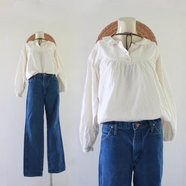 imperfect cotton top - m - vintage 90s y2k minimal long sleeve cream ivory white size medium simple settlers pioneer boho shirt blouse women 