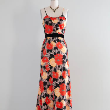 Stunning 1930's Swirling Floral Print Slip Dress / XS