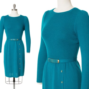 Vintage 1980s Sweater Dress | 80s ST. JOHN Knit Wool Teal Long Sleeve Wiggle Sheath Dress (x-small/small) 