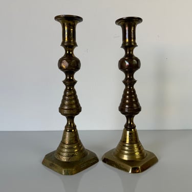 Pair Of Antique English Solid Brass Beehive Candlesticks 