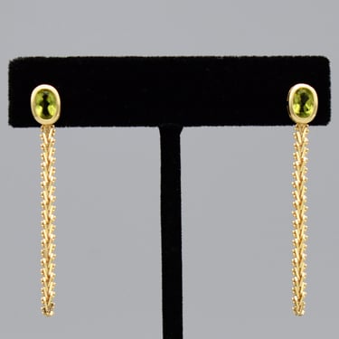 90's 14k gold peridot Riccio dangle studs, unusual oval chrysolite yellow gold chevron chain earrings 