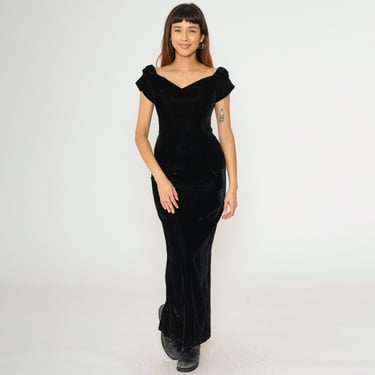 Vintage Black Velvet Party Dress 80s Bow Off Shoulder Maxi Cocktail Sheath Prom Formal Evening Gown Wiggle Pencil 1980s Rear Slit Small S 
