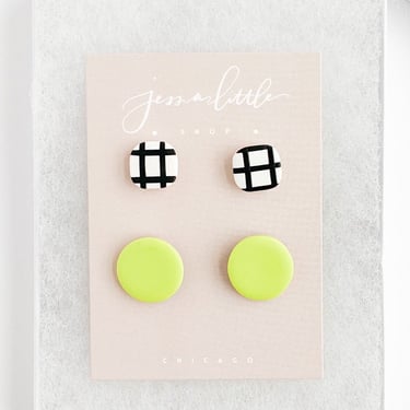 Statement Stud Pack | Black and White + Chartreuse, Polymer Clay 