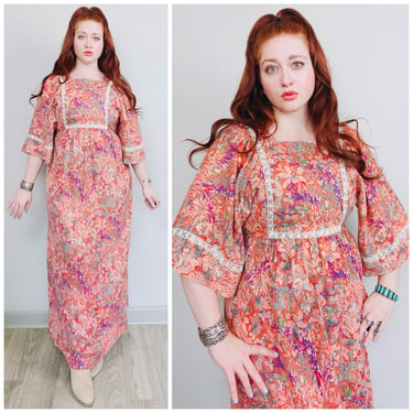1970s Vintage Gilead Pink Magical Mushroom Maxi Dress / 70s Poly Cotton Flared Sleeve Woodland Creature Gown / Size Large 