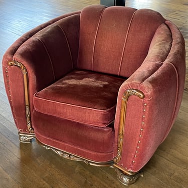 Maroon Velvet Chair w Carved Wood Accents