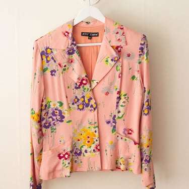 1990s Does 1940s Betsey Johnson Floral Rayon Crepe Blazer 