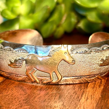 Sterling 1/20 12k Gold Fill Open Cuff Bracelet Horse Motif CJ Native American Navajo Vintage Retro Jewelry 