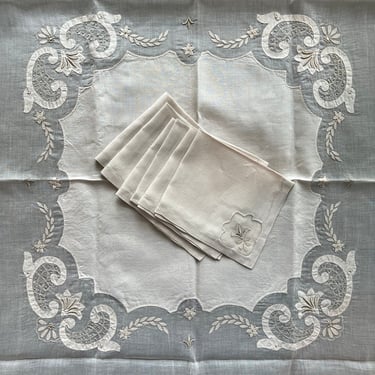 Tablecloth 43x42" Madiera 6 napkins ecru organdy Gift quality 