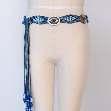 1990s Belt Blue Suede Beaded Fringe South Western Leather Concho 