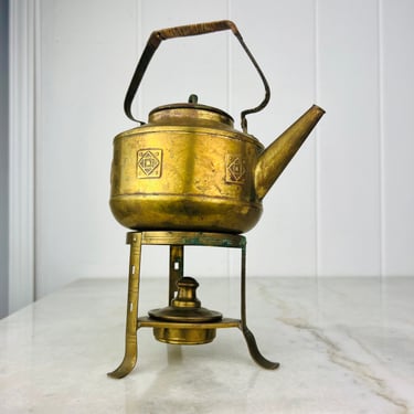 Vintage Brass Spirit Kettle, Art Deco style Teapot with stand and burner, Wicker handle, made in Europe, for coffee tea hot chocolate, gift 