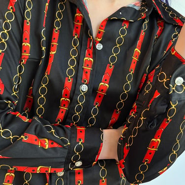70’s Chain Belt Novelty Print Gucci-like Polyester Disco Shirt Blouse
