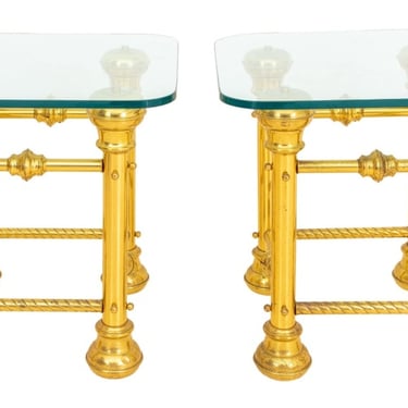 Glass Topped 19th C Brass End Tables, Pair