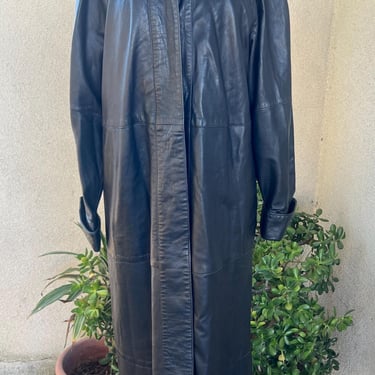 Vintage Black soft Leather Trench Coat Maxi Lined Pockets Sz M Pano Sereti NY 