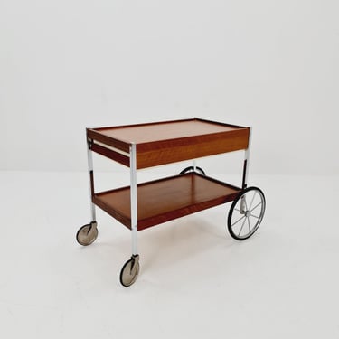 Vintage German BauHaus trolley bar cart in Rosewood & Chrome with drawer, 1960s 