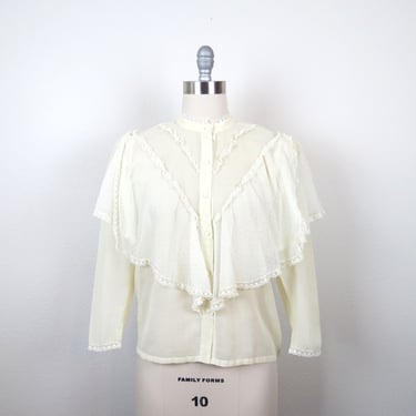 Vintage 1980s high neck lace blouse size medium sheer puff sleeves 80s does Victorian prairie cottagecore romantic feminine 