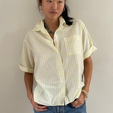 70s striped cotton shirt / vintage butter yellow striped pinstriped cropped button down short sleeve camp pocket over shirt blouse | Large 