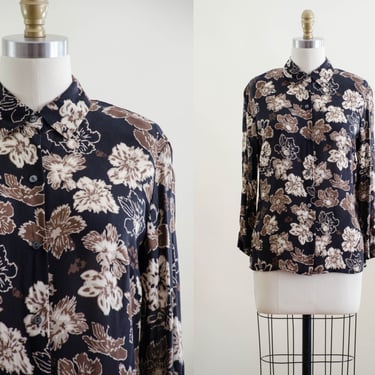 floral silk blouse | 90s vintage Ann Taylor black brown floral light dark academia nipped waist long sleeve blouse 