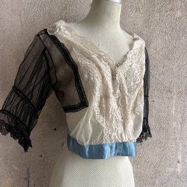 Antique Edwardian Black & White Net Blouse Lace Ribbon Beaded Dress Top Vintage