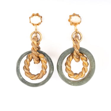 Miriam Haskell Green Stone Chain Link Dangle Earrings