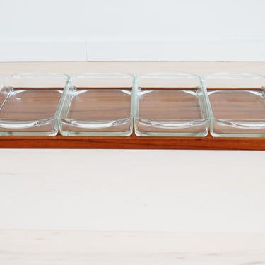 Danish Modern Laurids Lonborg Teak Rectangular Serving Tray with 4 Clear Glass Dishes Made in Denmark 