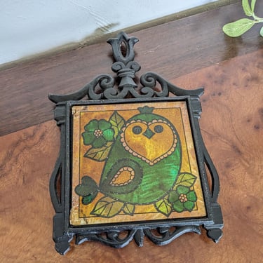 Vintage Glass Owl Tile Cast Iron Trivet 