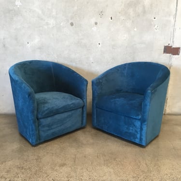Pair of 1970s Vintage Swivel Barrel Lounge Chairs in Blue Faux Velvet Fabric