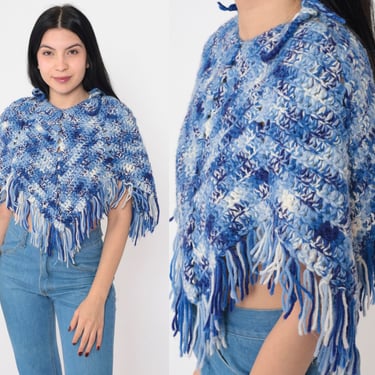 70s Fringe Poncho Blue White Hippie Shawl Cutout Cape Crop Top Crochet Afghan Cropped Poncho Bohemian Festival Cropped Boho Vintage 1970s XS 