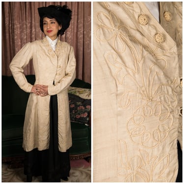 Edwardian Jacket - Elegant Tussah Silk Day Coat c. 1910-1912 with Decadent Soutache Embellishment Wedding Coat 