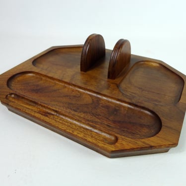 Mid Century Desk Caddy Men's Dresser Top Valet Vintage Walnut Vanity Tray Wood Organizer for Jewelry Watch Phone Keys Decatur Industries Inc 