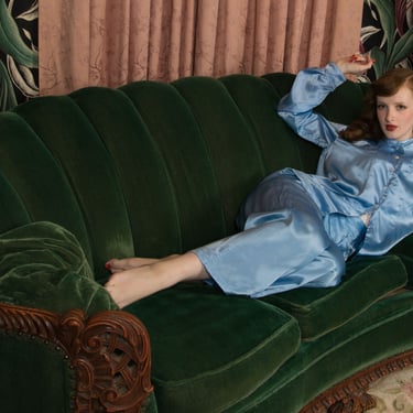 1940s Pajamas -  Glossy Vintage 40s or 1950s Homemade Loungewear Pajamas in Bright Sky Blue 