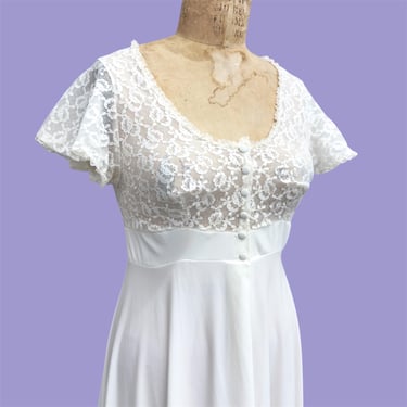 Vintage Nightgown Retro 1970s Val Mode Lingerie + Size Small + Lace Bodice + Flutter Sleeves + White + Ivory + Robe + Maxi Length + Womens 