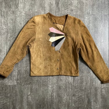 1930s suede leather jacket . vintage appliqué jacket . size small to medium 