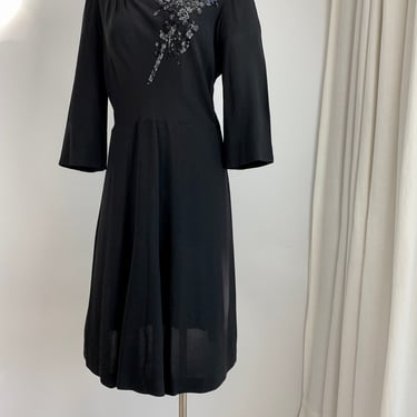 1940's Dress - Black Rayon Crepe - Sequined & Beadwork Detail - Flared Skirt - Talon Metal Zipper - Size Medium - 32 Inch Waist 