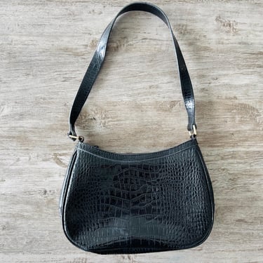 90s VTG Liz Claiborne Purse Black Shoulder Bag Embossed Patent Silver Hardware 