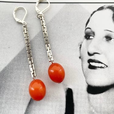 Art Deco Earrings vintage Orange  Galalith  elegant modernist long drop earrings bakelite earrings by BakeliteBa