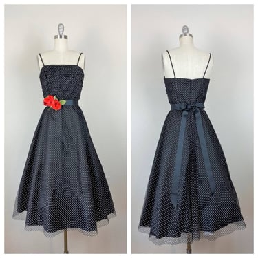 Vintage 1980s, 1990s party dress, polka dot, fit and flare, floral belt 