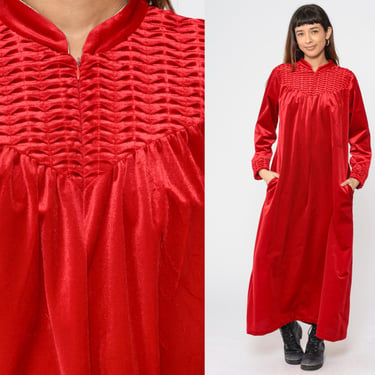 Velour Robe Dress 90s Red Maxi Tent Dress Zip Up Nightie Retro Nightgown Long Sleeve House Pajama Vintage 1990s Loungewear Large xl 