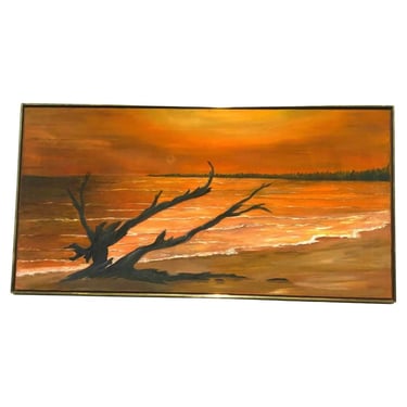 mid century modern vintage orange  painting tree lake oil canvas 