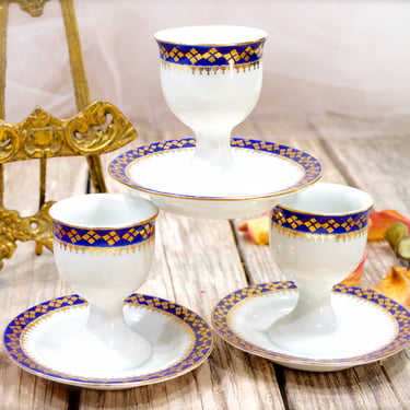 ANTIQUE: 1920s - 3pc Oepiag Royal Cecho Slov  Egg Holders - Candle Holders - Blue and Gold - Czechoslovakia - SKU 32-C-00032604 