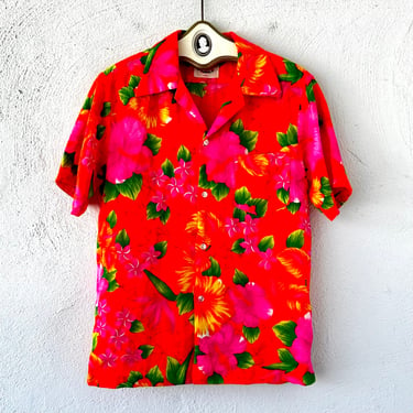 Vintage 60s Day Glow Hawaiian Shirt 70s Neon Bright Hawaii Collared Top 