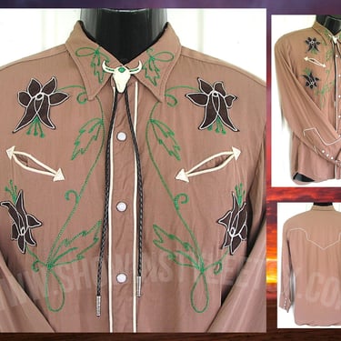Karman Vintage Western Men's Cowboy, Rodeo Shirt, Beige with Embroidered Brown Flowers, Green Leaves, Approx. Small (see meas. photo) 